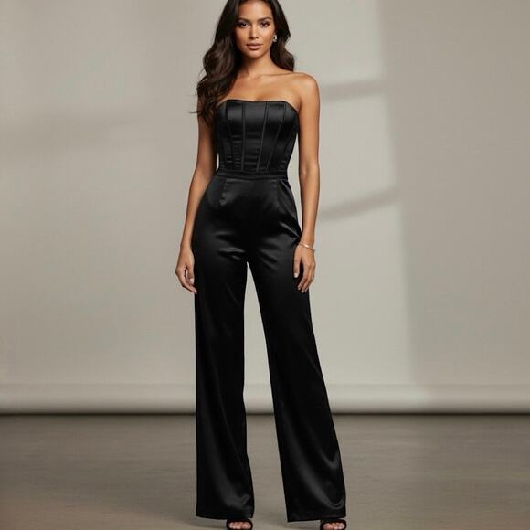 Ramy Brook NWT Mira Strapless Black Satin Jumpsuit Wide Leg Boned Bodice size 4 - Picture 14 of 15
